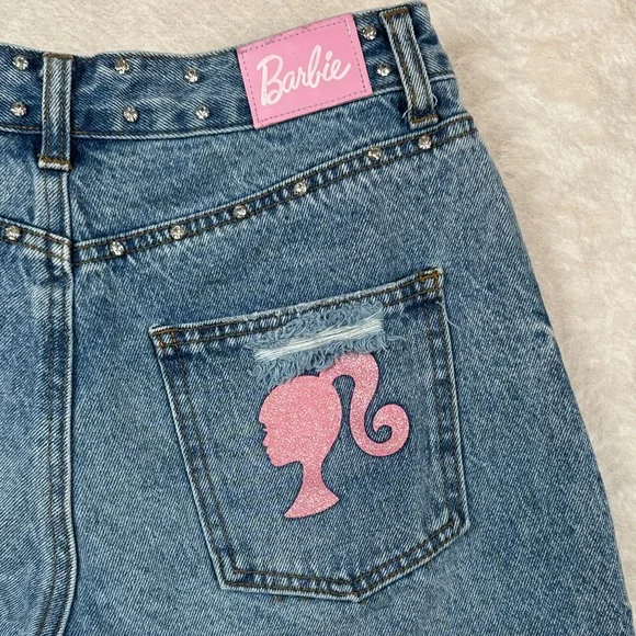 Barbie - Forever21 Blue Jean Shorts with Pink Logo - Bedazzled Gemstone Waist - Picture 6 of 8